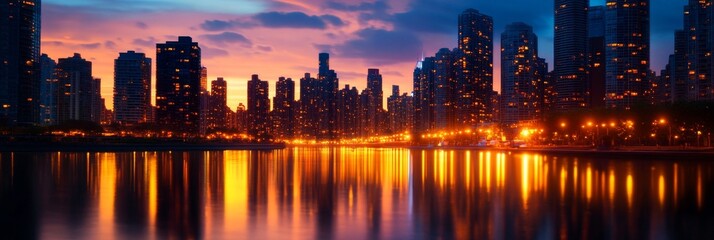 Fototapeta premium A serene cityscape at twilight, with city lights reflecting off a calm body of water. The image symbolizes urban beauty, tranquility, reflection, and the transition from day to night.
