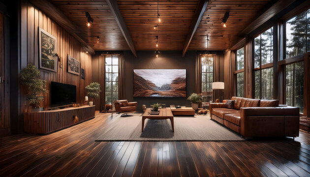 Beautifully renovated basement man cave with a dark wood large screen TV plush furniture