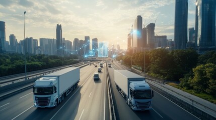 IoT devices connecting logistics trucks showing live route optimization and fuel efficiency data