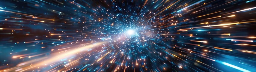 Obraz premium Dynamic zoom perspective of space with colorful stars and light trails, capturing the essence of cosmic motion and interstellar travel.