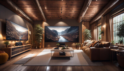 Beautifully renovated basement man cave with a dark wood large screen TV plush furniture