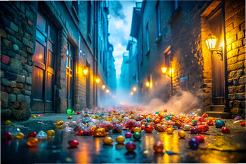 Obraz premium A street with a lot of colorful glass ornaments on the ground. The scene is dark and moody, with a sense of chaos and disorder