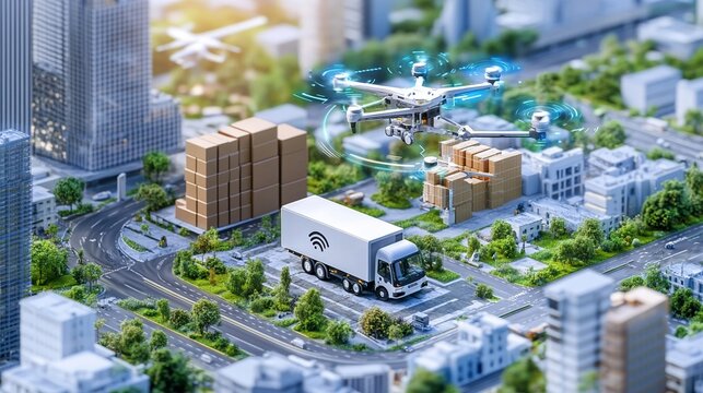 IoT sensors on delivery drones tracking parcels in real-time seamless interaction with smart logistics systems