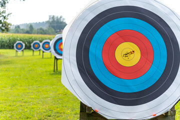 Arrows hit archery target center in yellow bulls eye with targets in background on shooting range 1