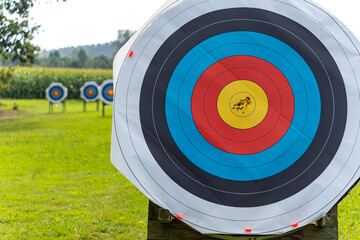 Arrows hit archery target center in yellow bulls eye with targets in background on shooting range 2