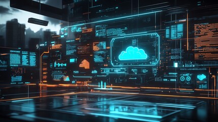 Futuristic digital interface displaying cloud technology concepts with data visualization, city skyline background, and holographic elements.