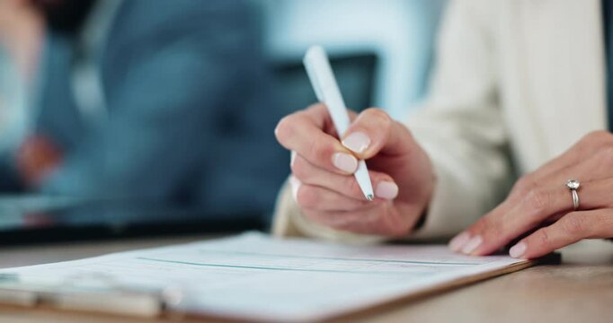 Hands, writing and clipboard at meeting, documents and business people with deal for b2b collaboration in office. Person, checklist and paperwork in review, agreement and signature at creative agency