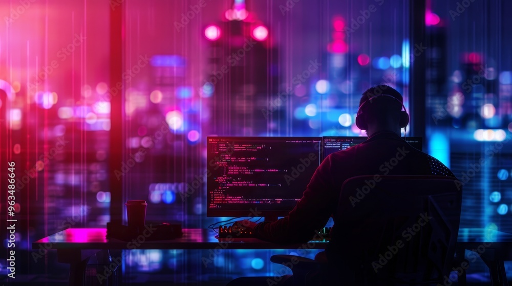 Poster a silhouette of a software developer working on code in front of a computer with neon lights reflect