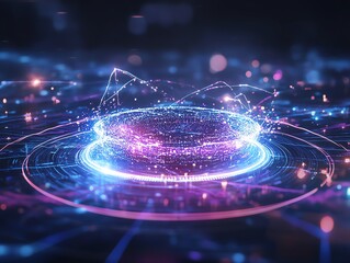 Futuristic digital ring with neon lights and glowing particles, illustrating technology and cyber themes in a vibrant, dynamic design.