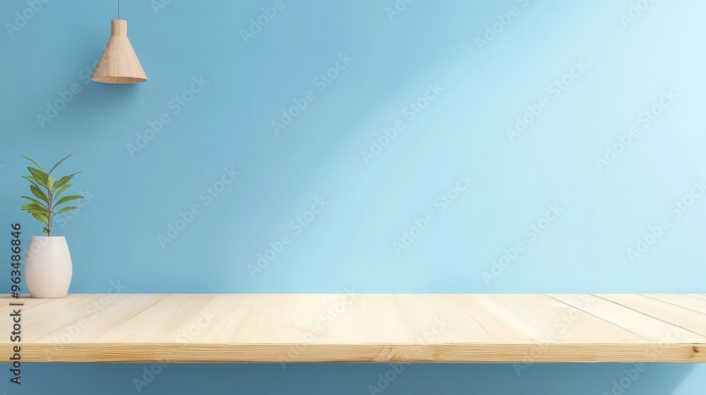 Poster a simple yet elegant wooden shelf sits against a light blue wall, providing a blank canvas for produ