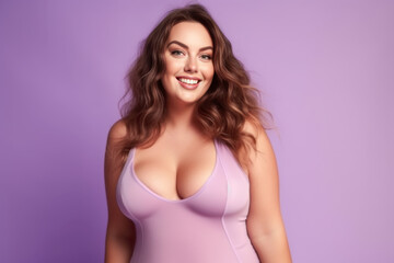 Fototapeta premium Happy plus size model in a top bra, beautiful fat woman with makeup and hairstyle on a purple background, body positive concept