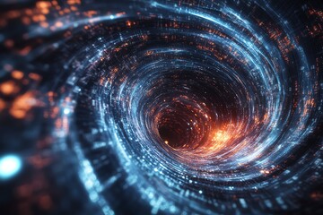 Obraz premium Futuristic glowing vortex creating a mesmerizing effect with bright blue and orange lights, symbolizing technology and space phenomena.