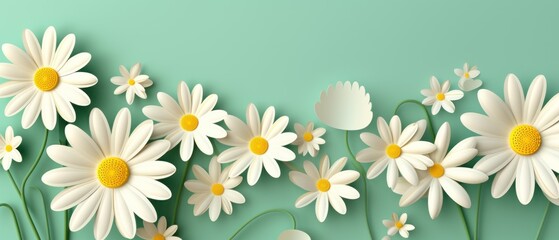 Fototapeta premium Paper Daisies Arranged on a Mint Green Background