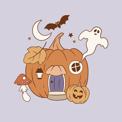 Hand drawn vector cute Halloween pumpkin house. Perfect for tee shirt logo, sticker, greeting card, poster, invitation or print design. EPS 10 vector file.