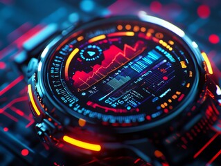 Futuristic smart watch with digital data display, red and blue neon lights, showing high-tech interface and modern technology concepts.