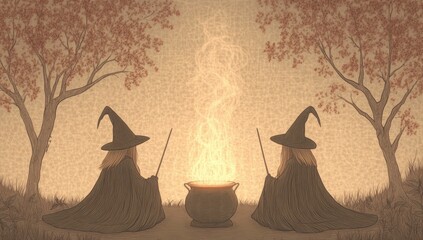 Two witches are sitting next to a cauldron of boiling liquid. The witches are wearing black robes and are holding wands. Scene is mysterious and magical