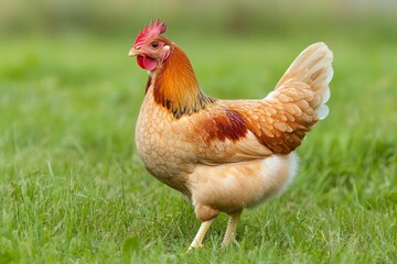 Fototapeta premium A single, healthy chicken, likely a hen, stands in a lush green meadow, showcasing its vibrant plumage and the tranquility of a rural setting. The image evokes feelings of peace, nature, and simple be