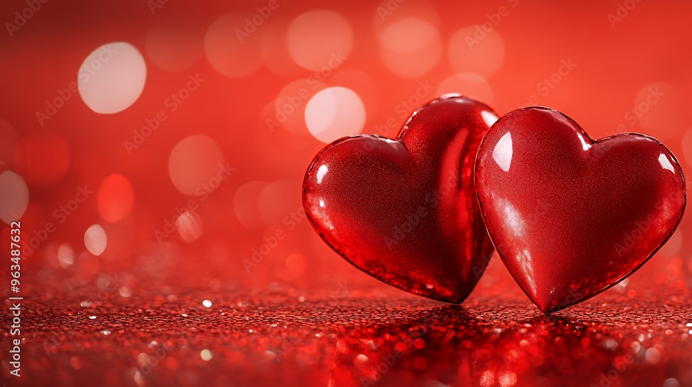 Poster two red hearts on a red glitter background with bokeh.