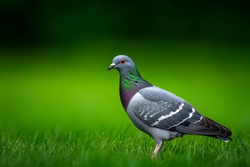 Obraz premium A single pigeon stands in a lush green field of grass, looking to the left. The background is a soft blur of green, creating a sense of peace and tranquility. The pigeon symbolizes peace, freedom, and