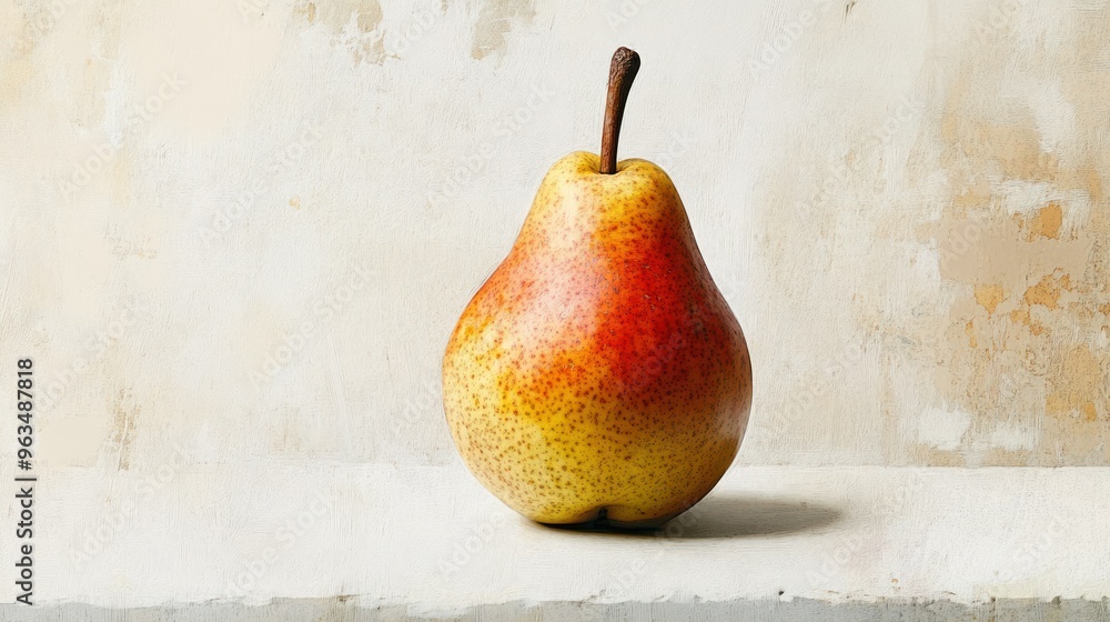 Poster a single ripe pear against a textured white background