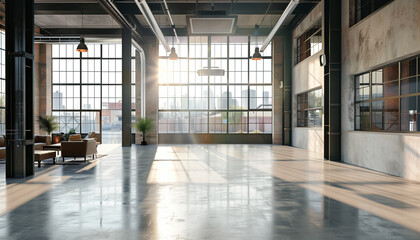 large contemporary office with huge windows, at sunset and with high ceilings. very cozy and relaxed atmosphere.