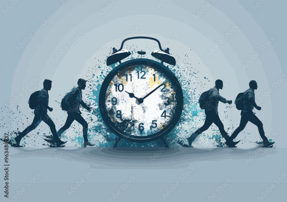Poster business people running around the clock representing 24/7 work culture and continuous busy schedule