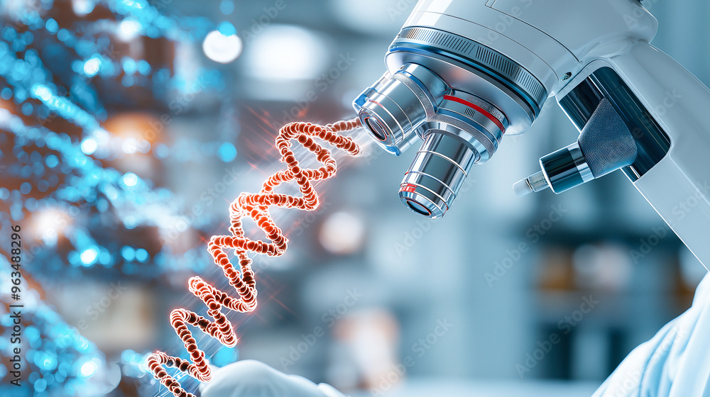 Poster microscope visualizing dna helix in a lab environment