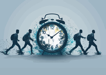 Business People Running Around the Clock Representing 24/7 Work Culture and Continuous Busy Schedule in Minimalistic Vector Illustration