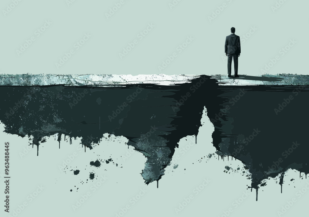 Poster business manager confronting challenges concept vector illustration of person facing large gap symbo