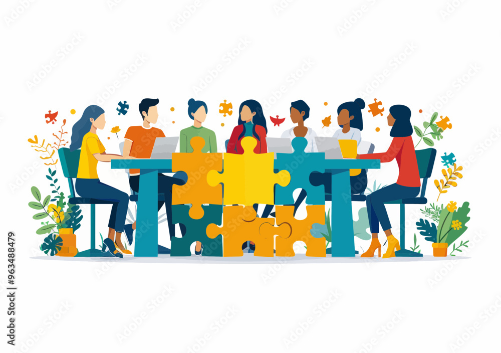 Poster team brainstorming around puzzle-shaped table, collaborative project discussion, minimalistic vector