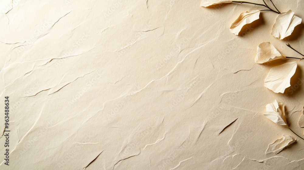 Poster A soft and subtle beige paper texture background with delicate white flowers arranged along the edge, creating a minimal and elegant design. This background is perfect for showcasing products, adding 