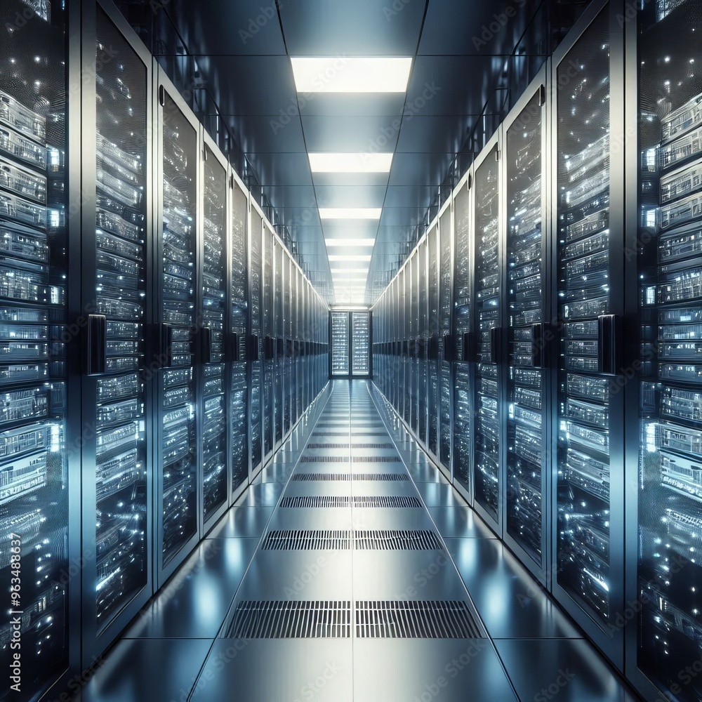 Poster a vast, modern data center with seemingly endless rows of server racks stretching into the distance.