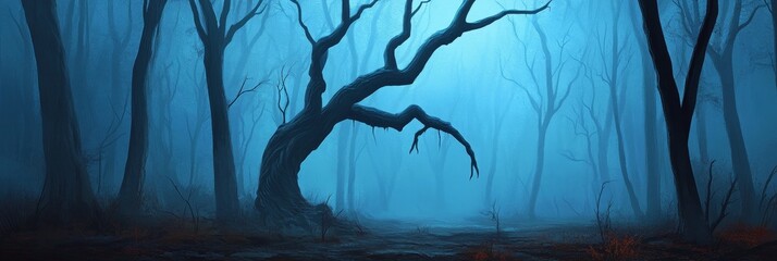 Naklejka premium A solitary, twisted tree stands tall in a misty forest, its branches reaching out like skeletal fingers. The blue-toned fog adds an air of mystery and unease, creating a sense of isolation and the unk