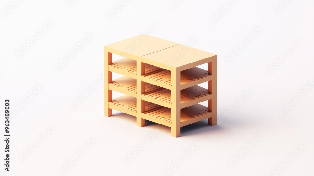 Poster a simple wooden shelving unit with multiple layers for storage or display purposes.