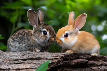 Fototapeta premium Rabbit grooming another rabbit, sharing a moment of care and companionship in the peaceful woods