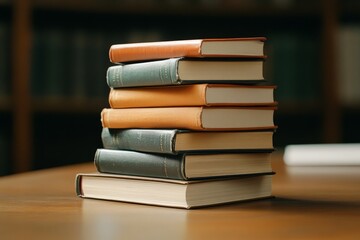 A stack of books on a wooden desk, suggesting knowledge, education, and the pursuit of learning. The books are arranged in a neat pile, symbolizing organization, structure, and a sense of progress.  T
