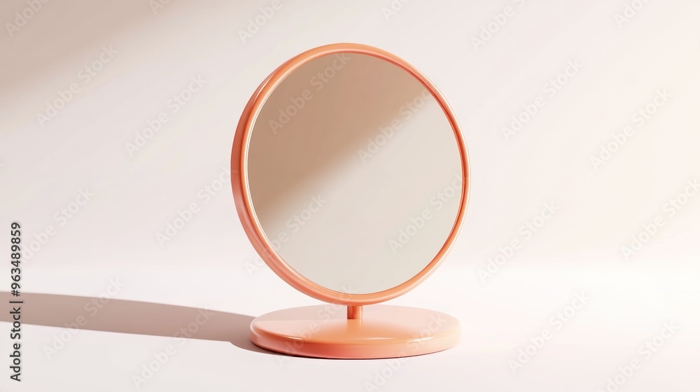 Poster a simple, modern tabletop mirror with a round design and a soft peach color.