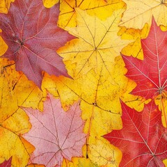 Fototapeta premium A stunning close-up of autumn maple leaves showcasing the vibrant colors of nature. The image captures the intricate details of the leaves, with red, yellow, and pink hues. This photo represents beaut