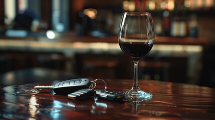 Car Keys and Glass of Red Wine on a Wooden Table