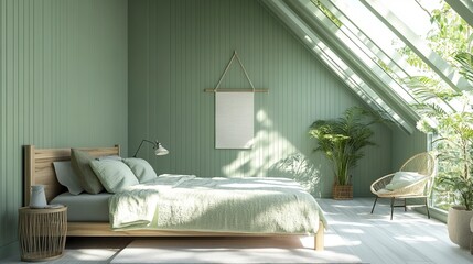Bed room interior ,mid-century modern style A stylish and cozy relaxing room under the roof ,soft green wall ,3d render.generative ai