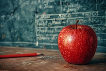 Red apple on desk in front of chalkboard with math equations