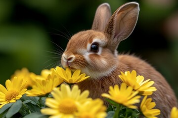 Obraz premium Rabbit sitting among the daisies, surrounded by flowers as it nibbles on a tender stem, enjoying the summer day