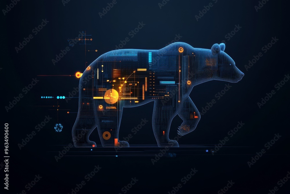 Poster a stylized bear silhouette in a digital style. it's filled with colorful and abstract patterns that 