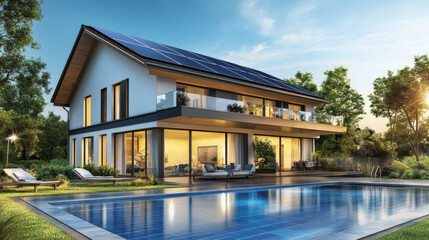 Fototapeta premium Luxury Modern House Exterior with Solar Panels, Terrace, and Swimming Pool