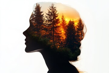 A surreal double exposure image of a woman's silhouette with a sunset forest landscape inside her head. It symbolizes inner peace, connection to nature, and the beauty of the human mind.