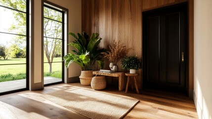 A stylish and inviting entryway with a modern wooden wall, large windows, and natural elements. The space features a wooden bench, woven baskets, potted plants, and a warm wood floor. It symbolizes wa