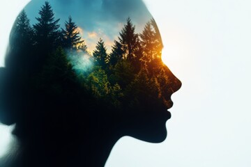 A surreal portrait of a woman's silhouette with a vibrant forest landscape merging within her head, symbolizing connection to nature, inner peace, imagination, growth, and unity with the environment.
