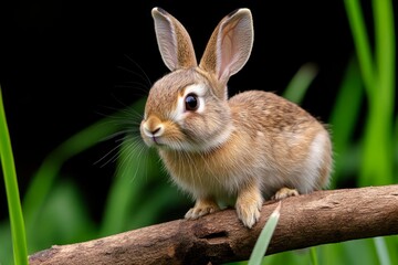 Fototapeta premium Rabbit twitching its tail, ready to dash away at the first sign of danger in the tall grass