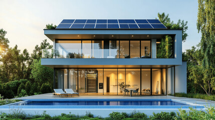 Fototapeta premium Luxury Modern House Exterior with Solar Panels, Terrace, and Swimming Pool