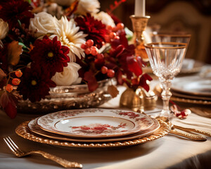 Fototapeta premium Elegant table setting with luxurious floral centerpiece for formal dining experience